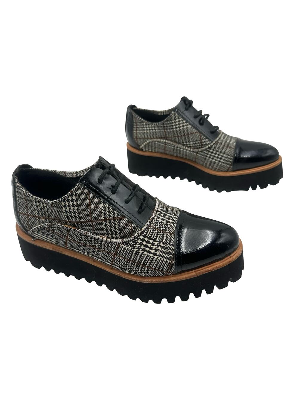 ALL BLACK women's platform Plaid Patent Toe Oxfords - shoes size 8.5